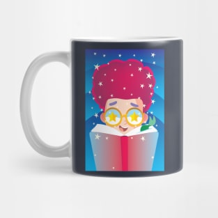 boy with red hair and stars on glasses reads a book Mug